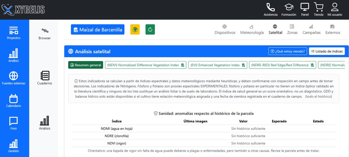 Pestaña Satelital del análisis de un cultivo con el resumen general