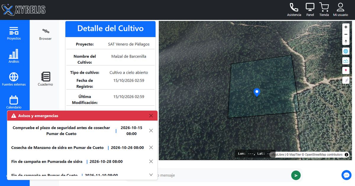 Panel de avisos y emergencias con recordatorios de cosecha y plazos de seguridad