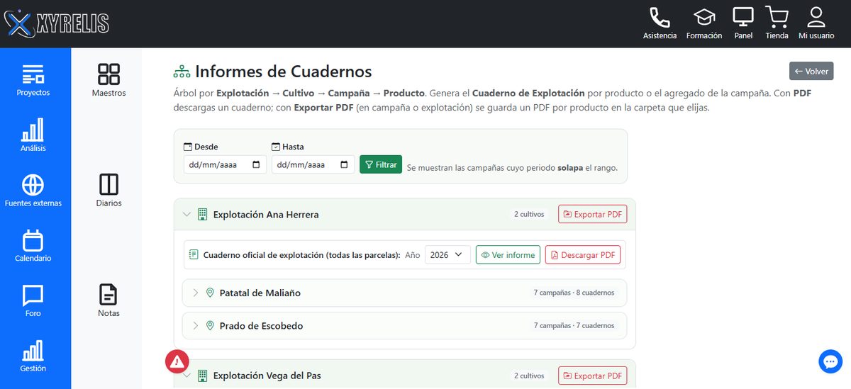 Informes de Cuadernos con el árbol de explotaciones y los botones de PDF