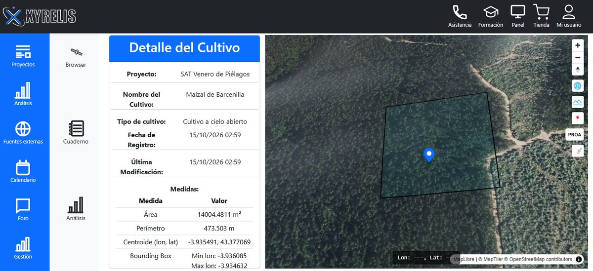 Ficha de un cultivo con su polígono en el mapa