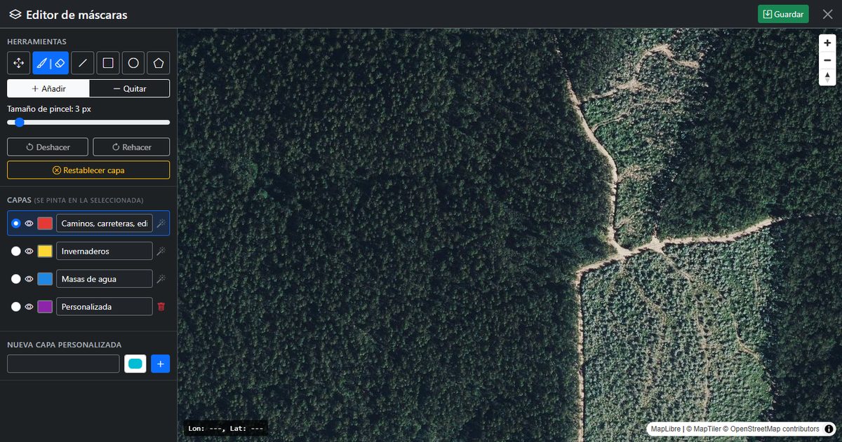 Editor de máscaras con herramientas, capas y mapa