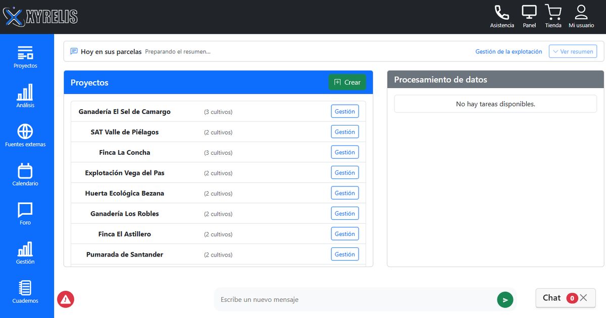 Portal de Xyrelis con la lista de proyectos