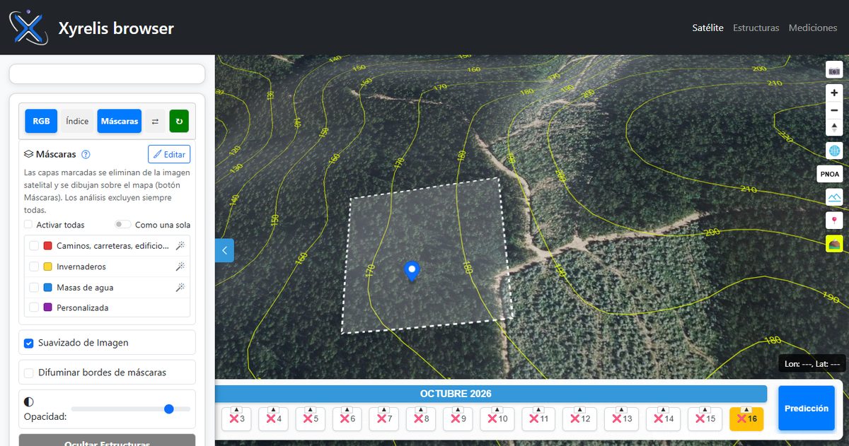 Visor satelital de Xyrelis con la barra de controles y la barra de fechas